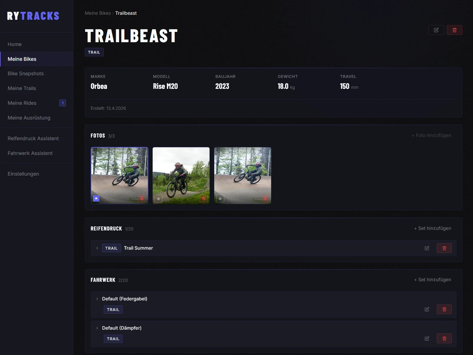 Rytracks App – Bike overview with all your saved bikes